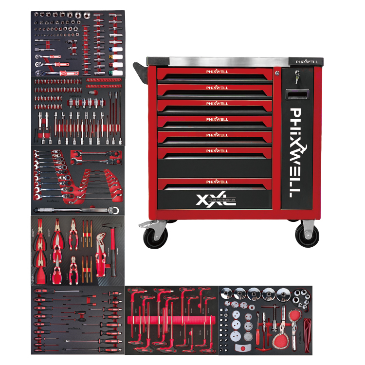 719509 PHIXWELL 7 laci lemari penyimpanan alat dengan set alat 309pcs